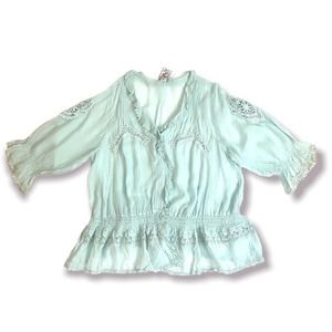 Johnny Was Pastel Blue Frilly Eyelet Design Button Up Peasant Top